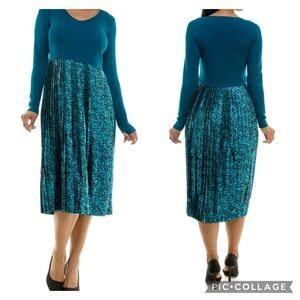 Nina Leonard Petites Blue Green Long Sleeve V-Neck Knit Pleated Midi Dress XLP